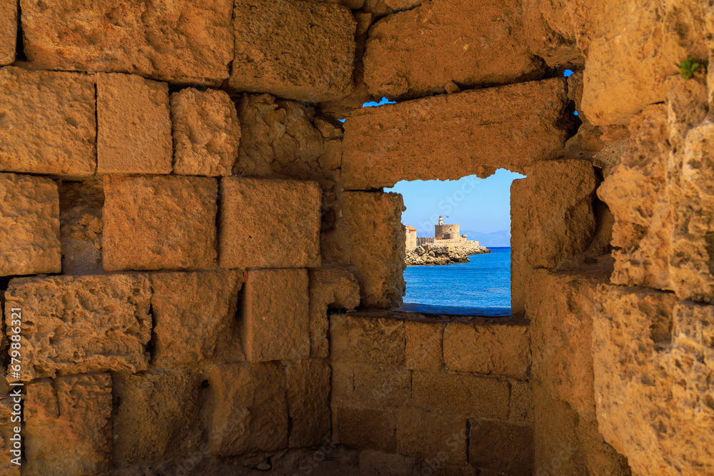 View of the port from the fortress wall of the island of Rhodes. Background with selective focus and copy space