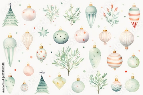 Cute watercolor Christmas set with Christmas tree decorations, balls, twigs, fir trees, Christmas decor. Illustration isolated on white background. Design elements, festive wrapping paper photo