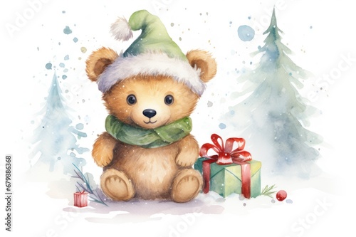 Adorable watercolor Christmas cub bear in a hat and scarf with festive gifts in a snowy pine forest. Festive New Year atmosphere. Suitable for greeting cards, congratulations, prints, and scrapbooking © Jafree