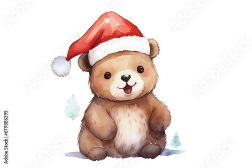 Adorable watercolor Christmas cub bear in Santa hat. Festive New Year atmosphere. Illustration isolated on white background. Suitable for greeting cards, congratulations, prints, and scrapbooking © Jafree