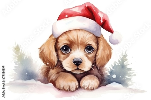 Cute watercolor Christmas puppy in a Santa Claus hat. Xmas dog. Illustration isolated on white background. Festive New Year atmosphere. For greeting cards, prints, congratulations, scrapbooking