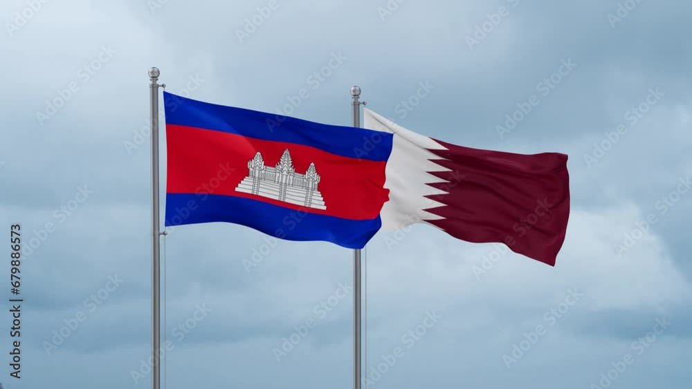 Qatar and Cambodia flag waving together on cloudy sky, endless seamless loop, two country cooperation concept Qatar and Cambodia flag waving together on cloudy sky, endless seamless loop, two country cooperation concept