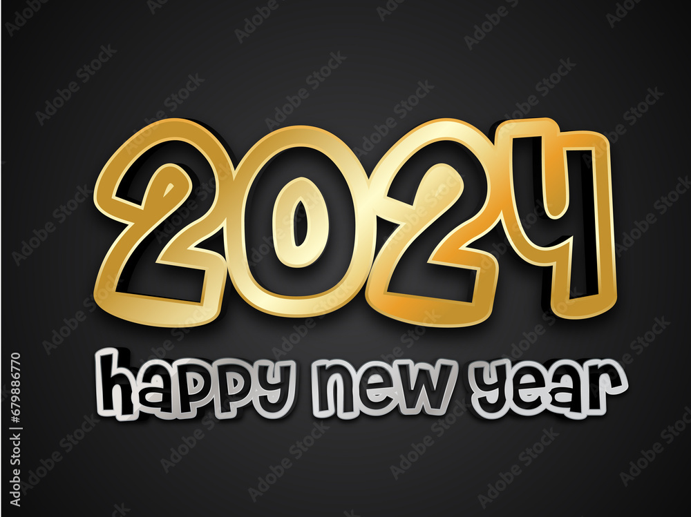 Gold and Silver 2024 Happy new year Text  on the black background