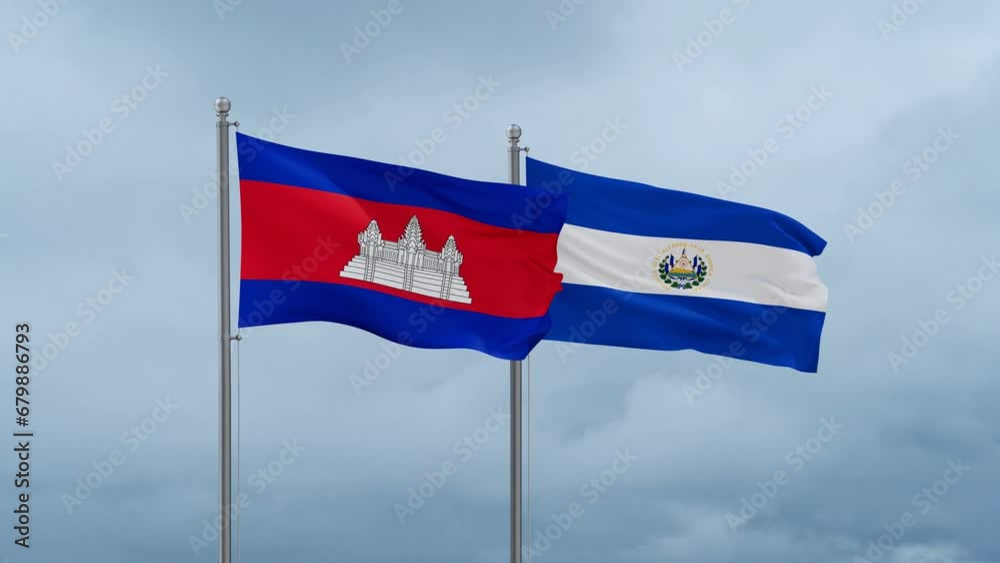 Republic of El Salvador and Cambodia flag waving together on cloudy sky, endless seamless loop, two country cooperation concept Republic of El Salvador and Cambodia flag waving together on cloudy sky, endless seamless loop, two country cooperation concept
