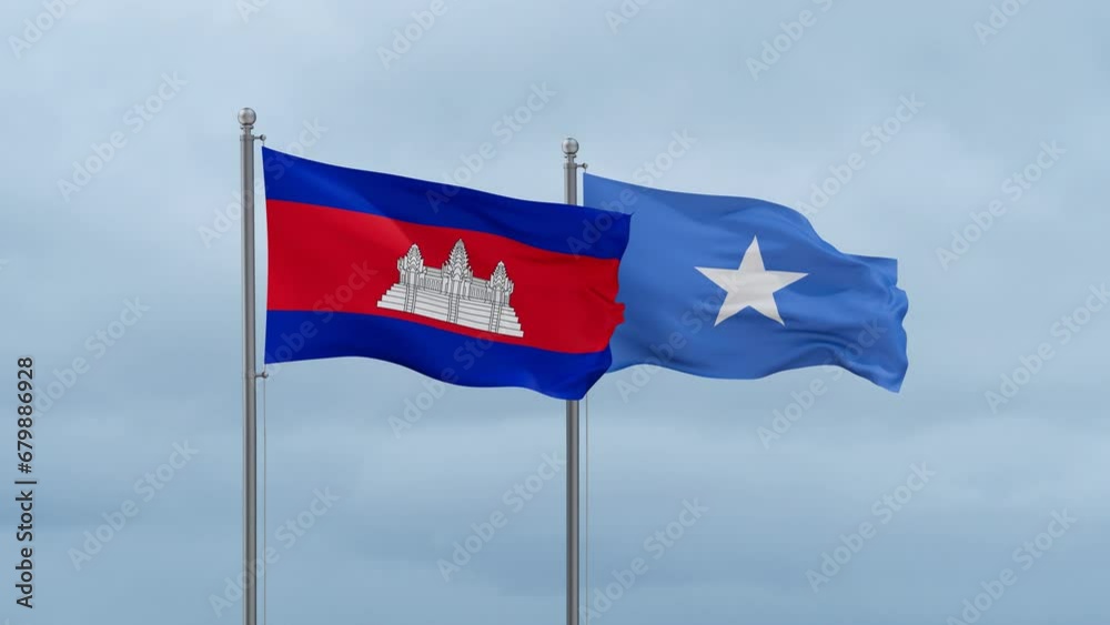 Somalia and Cambodia flag waving together on cloudy sky, endless seamless loop, two country cooperation concept Somalia and Cambodia flag waving together on cloudy sky, endless seamless loop, two country cooperation concept
