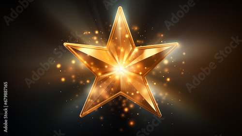 goldener leuchtender Stern mit Lichteffekten auf dunklem Hintergrund und mit Platz f  r Text. Querformat. Generative Ai.