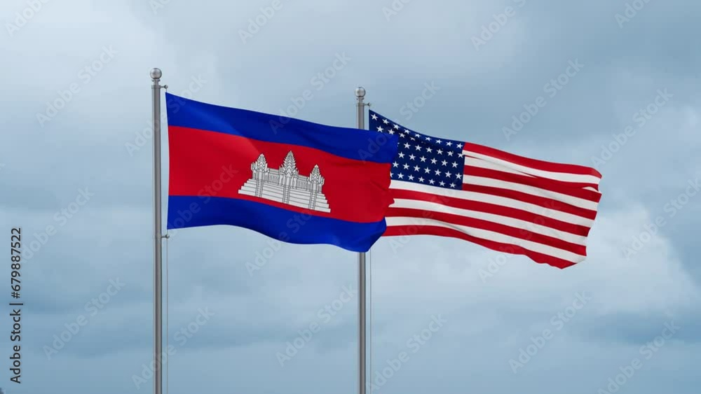 USA and Cambodia flag waving together on cloudy sky, endless seamless loop, two country cooperation concept USA and Cambodia flag waving together on cloudy sky, endless seamless loop, two country cooperation concept