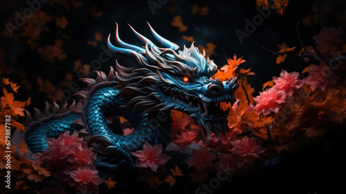 Vibrant-colored Asian dragon on black background © Kondor83