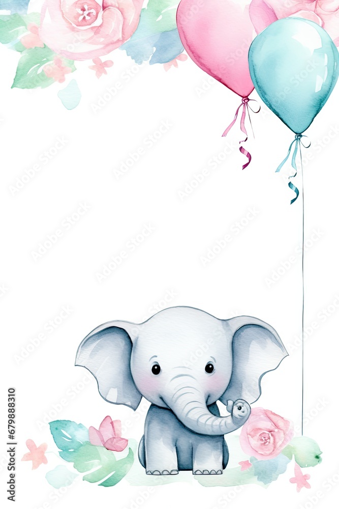 Picture frame of flowers and elephants painted with watercolors on a white background.