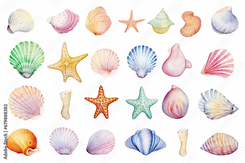 Set of cartoon pictures of sea shells Watercolor technique style on white background. - obrazy, fototapety, plakaty 