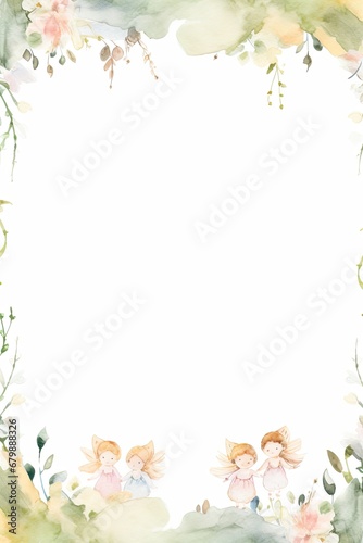 Frame with flowers and little angels painted in watercolor on a white background.