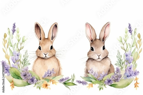 Frame decorated with rabbits, watercolor isolated on white background.