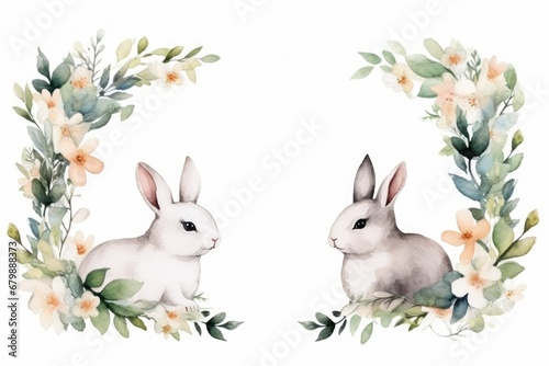 Picture frame of flowers and rabbits painted with watercolor on a white background.