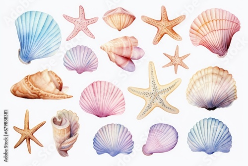 Set of cartoon pictures of sea shells Watercolor technique style on white background.