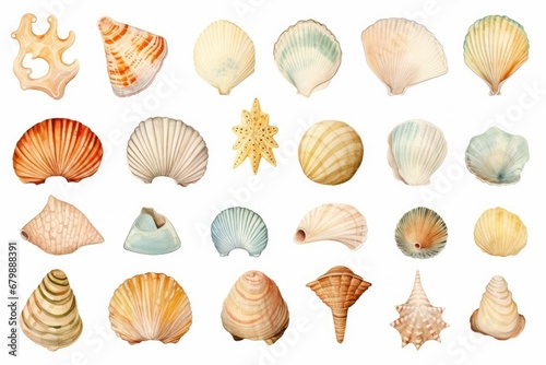 Set of cartoon pictures of sea shells Watercolor technique style on white background. © linen