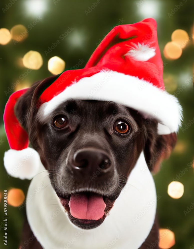 Little cute curious brown puppy in Santa's hat next to a Christmas tree. Christmas and New Year for pets. Happy, smiling dog face. Holiday for pets. Greeting card design. Little cute curious brown puppy in Santa's hat next to a Christmas tree. Christmas and New Year for pets. Happy, smiling dog face. Holiday for pets. Greeting card design.