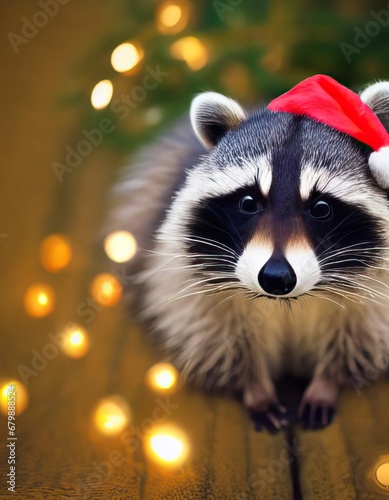 Cute raccoon animal in red xmas santa s hat. Christmas  New Year celebration illustration  greeting card. Place for text  copy space.