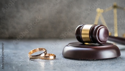 Law theme. Judge gavel wedding rings on concrete stone grey background. Divorce proceedings. Mallet of judge deciding on marriage divorce, marital agreement, legalities of divorce.