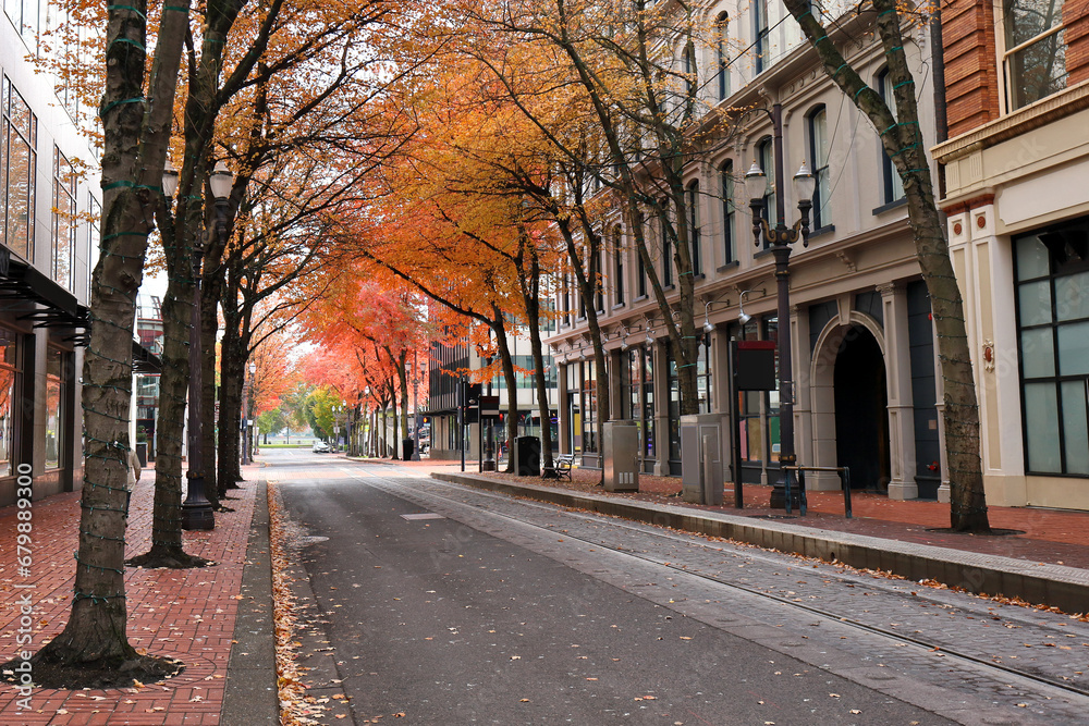 Streets of Portland: the crossroads of Morrison and third in downtown Portland (Oregon) on a beautiful fall day.