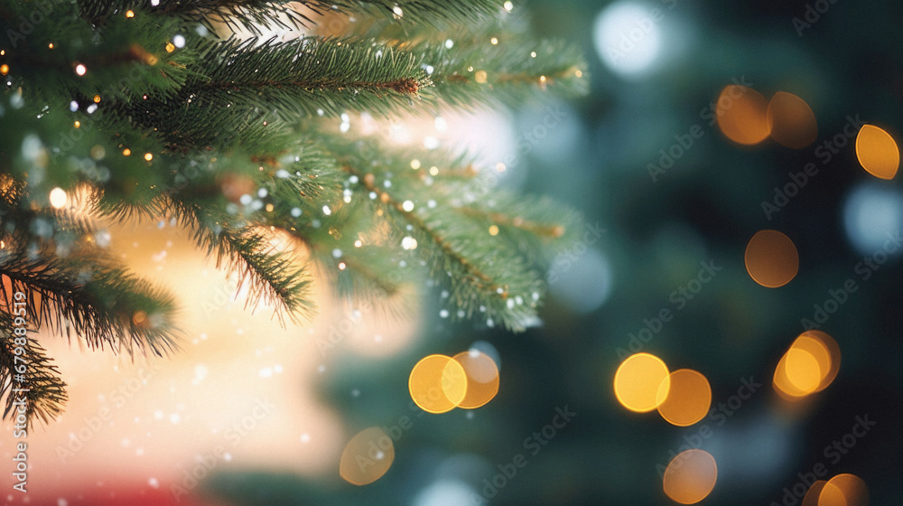 Christmas tree branches with bokeh lights and snowflakes on blurred background. Christmas tree branches with bokeh lights and snowflakes on blurred background.