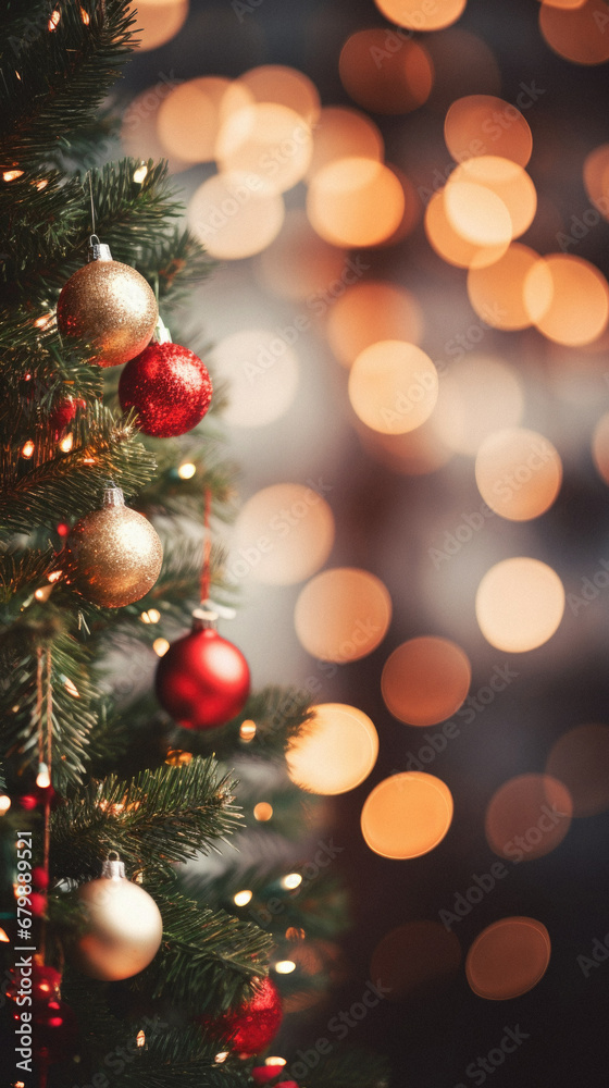 Christmas tree with red and golden balls and lights bokeh background. Christmas tree with red and golden balls and lights bokeh background.