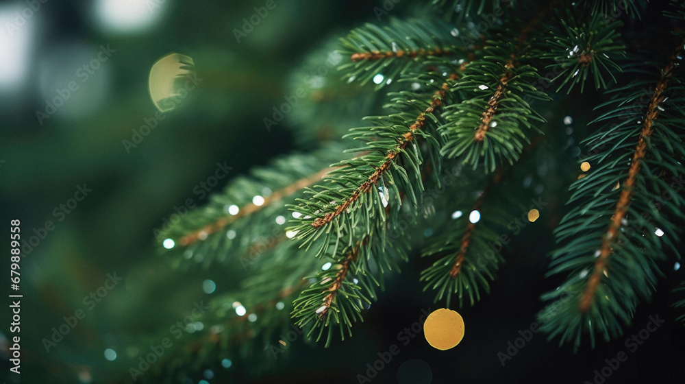 Fir tree branch with dew drops close up. Christmas background.
