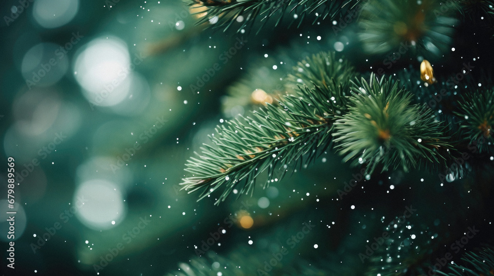 Christmas tree with snowflakes and bokeh. Christmas background.