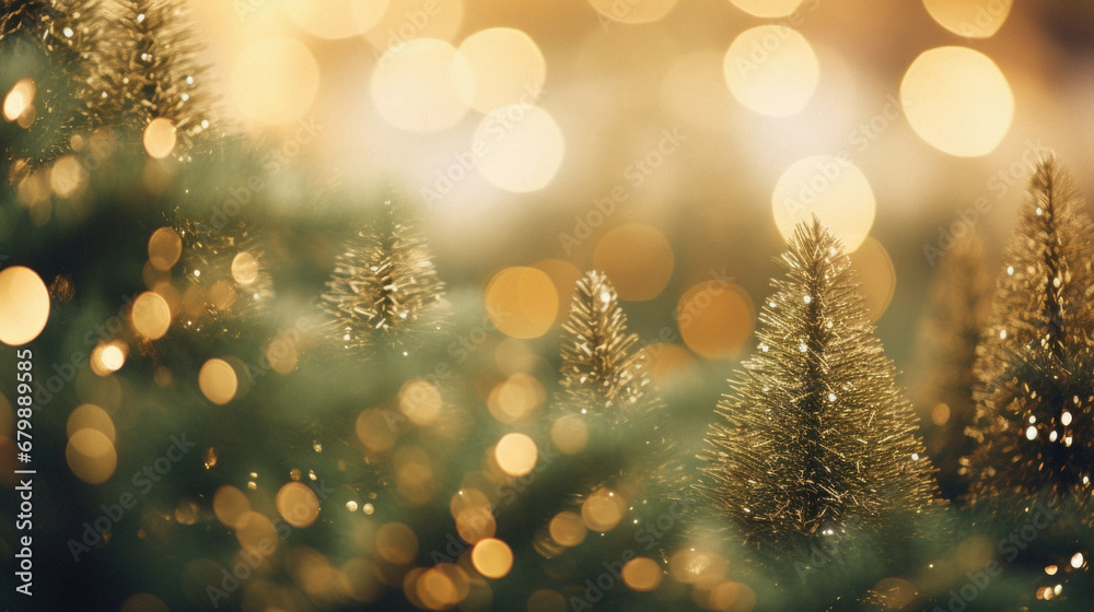 Christmas and New Year background with bokeh defocused lights and fir tree.