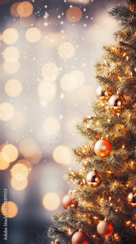 Christmas tree with decorations on blurred bokeh background. Merry Christmas and Happy New Year.
