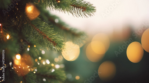 Christmas tree with bokeh lights background  vintage color tone.