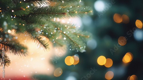Christmas tree branches with bokeh lights and snowflakes on blurred background.