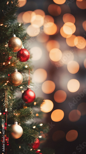 Christmas tree with red and golden balls and lights bokeh background.
