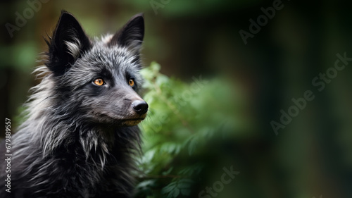 A portrait of a silver black fox in a forest © pariketan