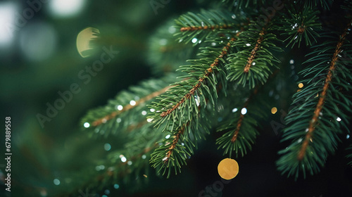 Fir tree branch with dew drops close up. Christmas background.