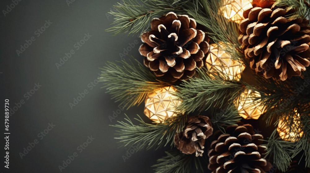 Fototapeta premium Christmas and New Year background with bokeh lights and pine cones.