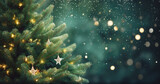 Christmas tree with golden lights and snowflakes on bokeh background.