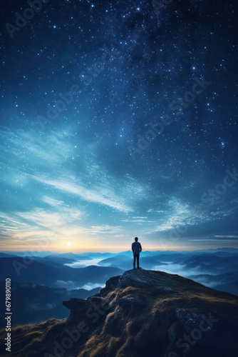 Stars in the night sky. Man standing on top of mountain cliff and admire night sky with plethora of stars.