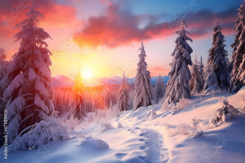 A frozen winter forest and mountains with sun on snow