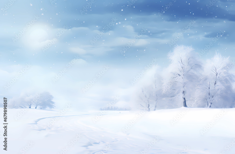 A snowbound winter landscape with lights and trees against a cold blue sky