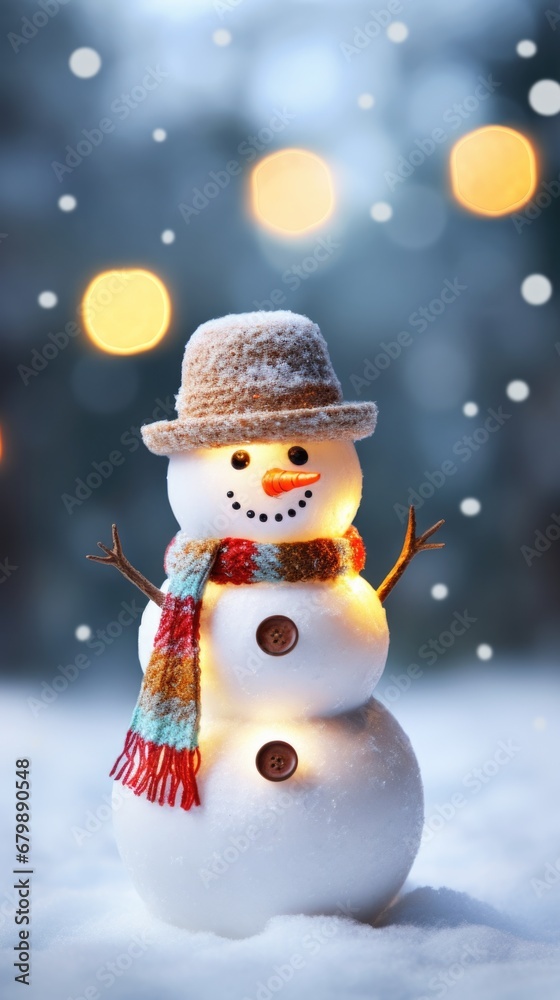 Snowman with hat and scarf on snow in front of bokeh background.
