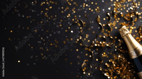 Champagne bottle and golden confetti on black background with copy space.