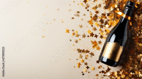 Bottle of champagne and golden stars on white background, top view.