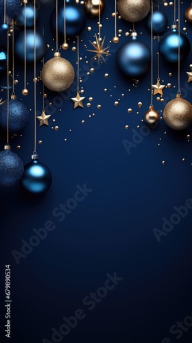 Blue Christmas background with baubles and stars.