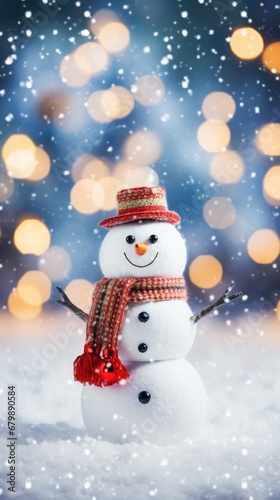 Snowman with red scarf and hat on bokeh background. © Synthetica