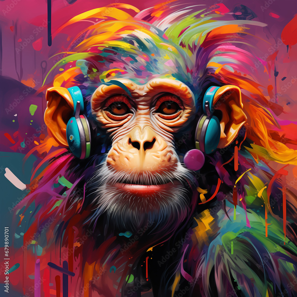A stylized portrait of a chimpanzee with headphones 