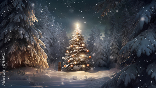 A light up christmas tree in a snow covered fores photo