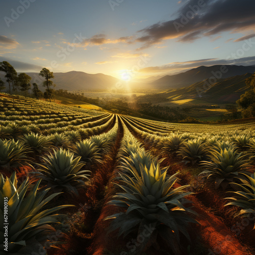 Contemplação da magnífica paisagem de uma plantação de abacaxi em uma fazenda ao nascer do sol. photo