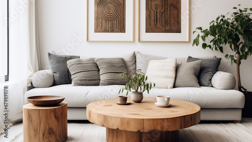 Round wood coffee table near white sofa with grey pillows. Boho, ethnic, tribal style home interior design of modern living room, Generative AI photo