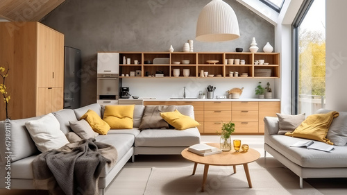 Minimalist studio apartment, scandinavian loft home interior design of modern living room with kitchen, Generative AI