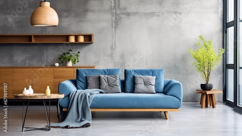 Blue sofa against concrete wall. Scandinavian loft home interior design of modern living room in minimalist studio apartment, Generative AI